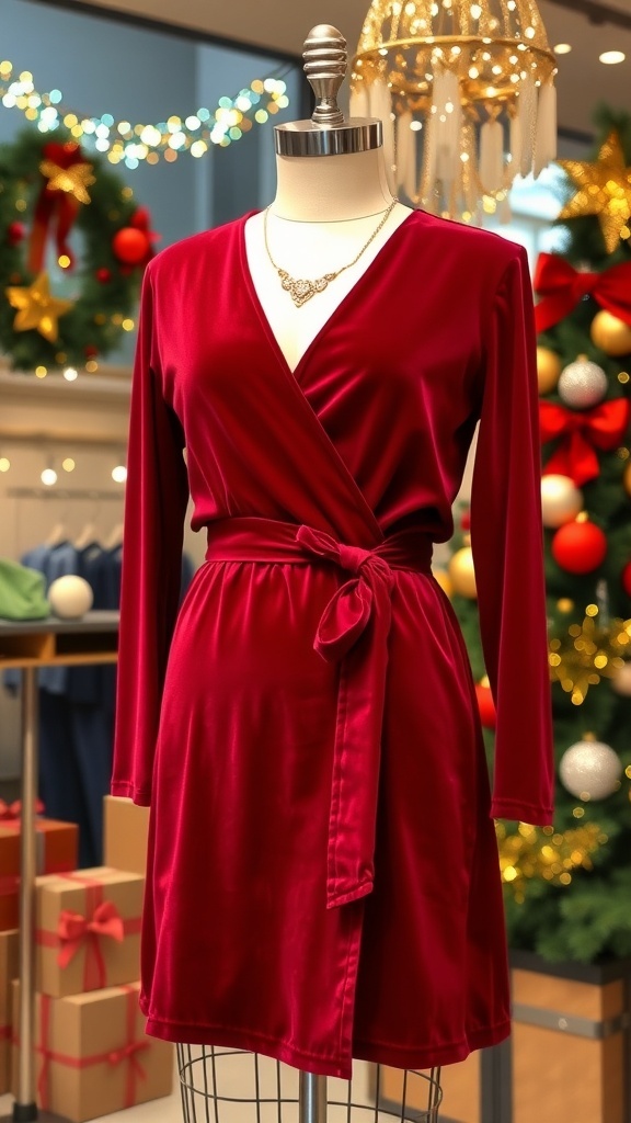 A maroon velvet wrap dress with gold accessories displayed in a festive Christmas setting.